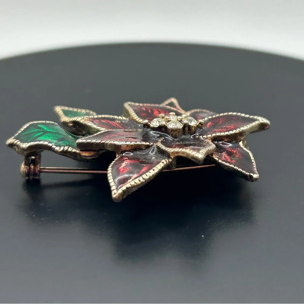 Classic Red and Green Poinsettia Brooch